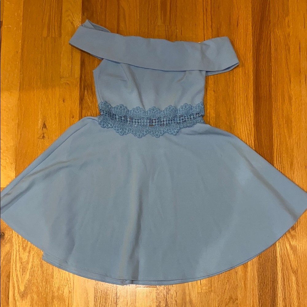Off-Shoulder Blue Dress with Lace Detail